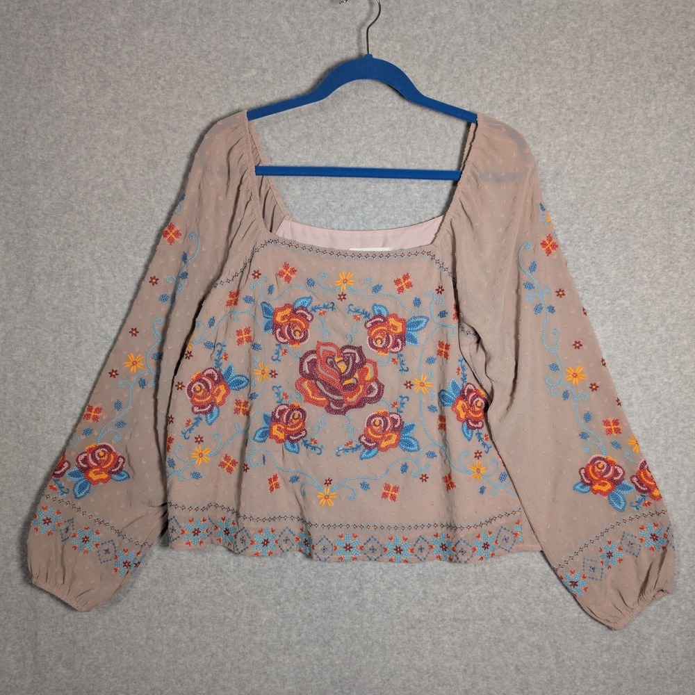 Savanna Jane Embroidered Blouse Womens Medium Mauve Floral Swiss Dot Boho Rose